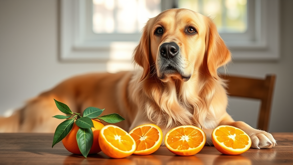 Golden retriever sitting next to fresh clementine segments on wooden table, bright natural lighting, no text no words no letters