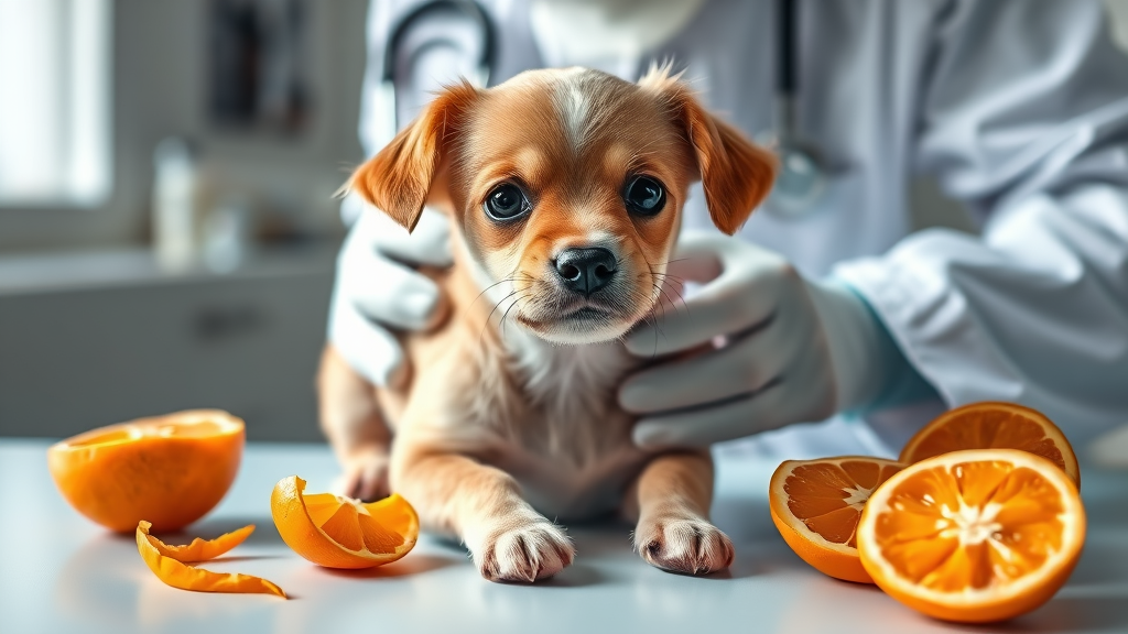Veterinarian examining small dog while clementine peels and fruit segments visible on examination table, no text no words no letters