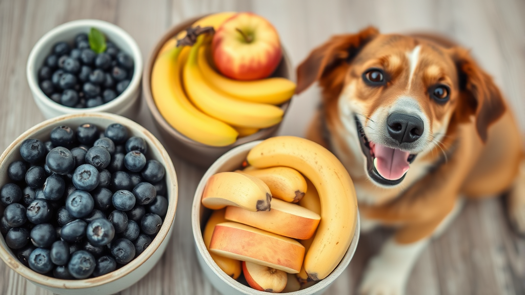 Various dog-safe fruits including blueberries apples bananas arranged in bowls with happy dog nearby, no text no words no letters