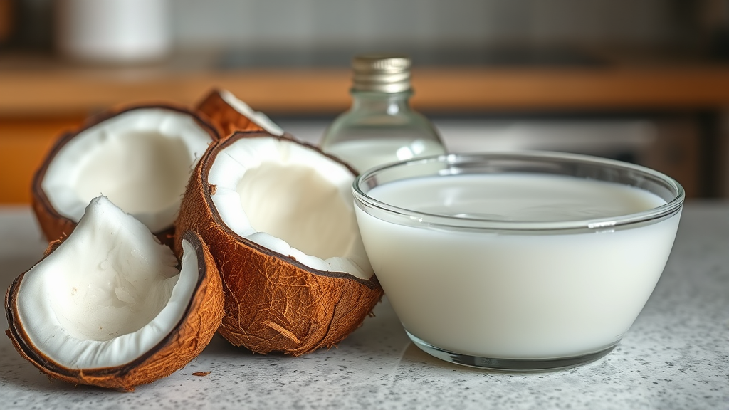 Close up of coconut meat pieces, coconut oil, and coconut water in dog bowl on kitchen counter, clean background, no text no words no letters