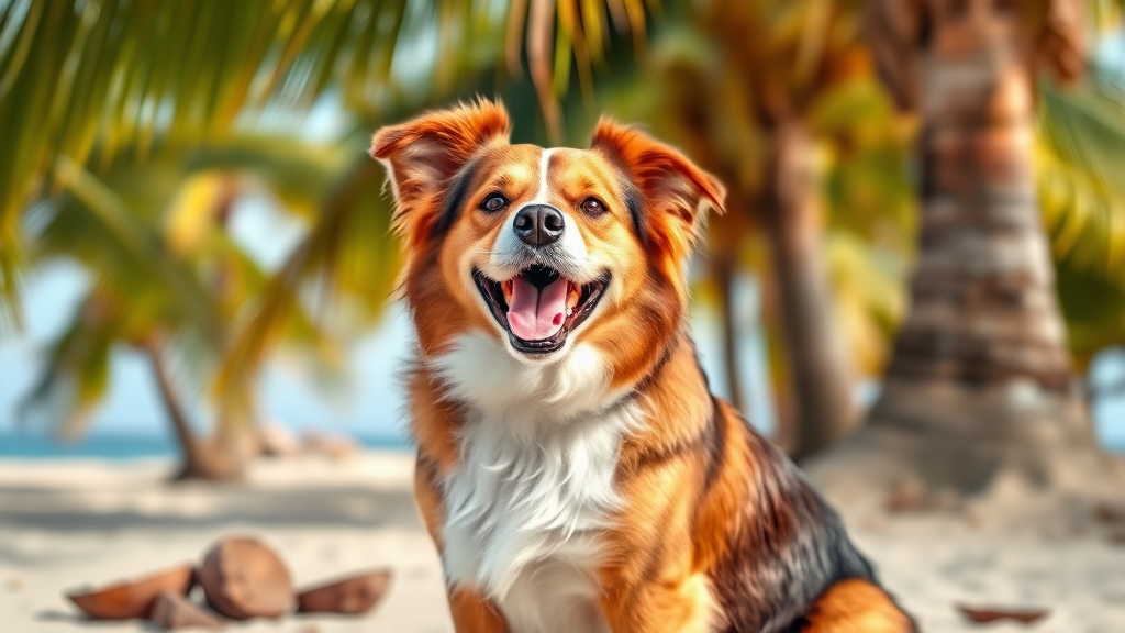 Happy dog with shiny coat sitting outdoors near palm trees, coconut shells scattered nearby, beach setting, no text no words no letters