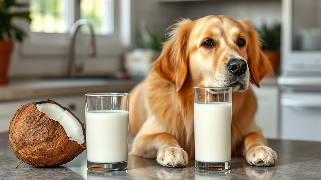 Golden retriever sitting next to coconut and glass of white coconut milk on kitchen counter, natural lighting, no text no words no letters