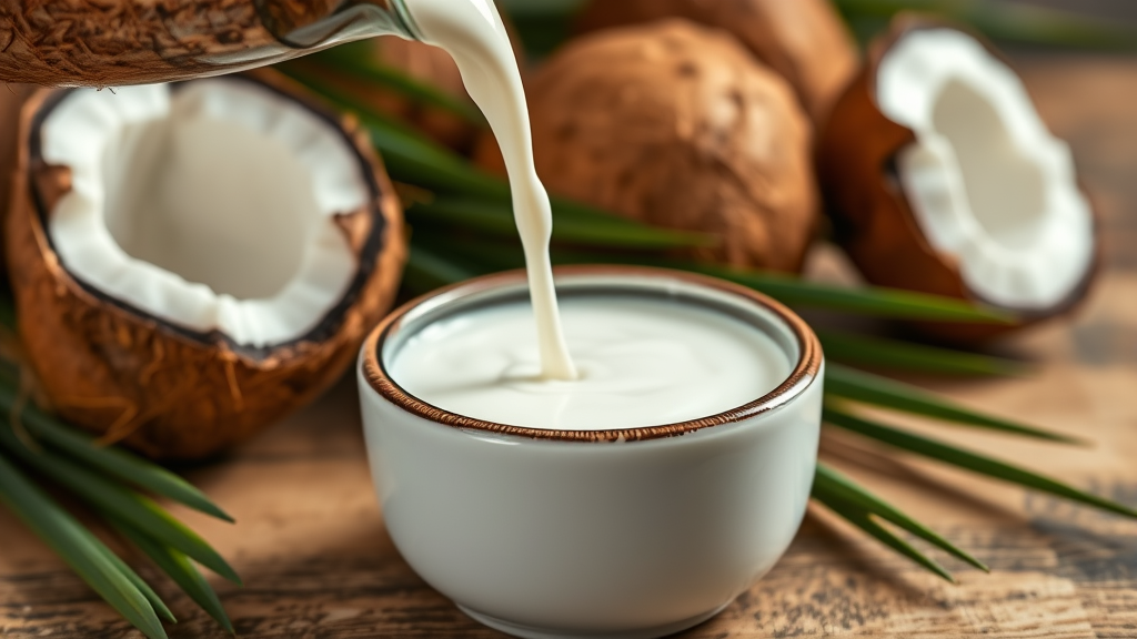 Close-up of coconut milk being poured into small dog bowl with fresh coconuts in background, no text no words no letters