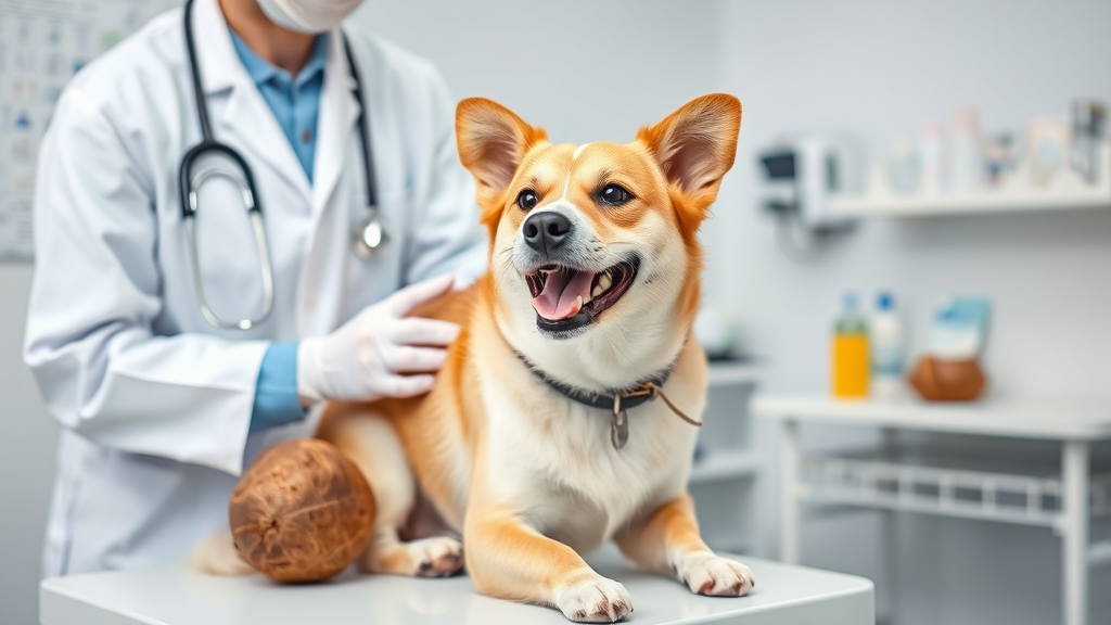 Veterinarian examining happy dog while coconut products sit on examination table, professional clinic setting, no text no words no letters