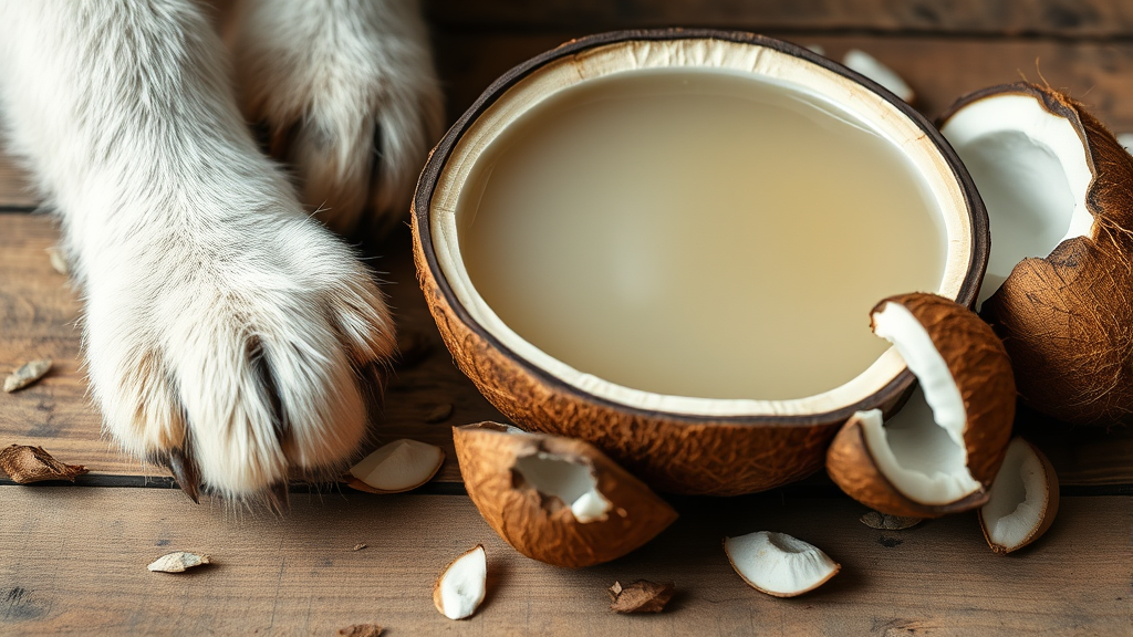 Close-up of dog paws near coconut water bowl with coconut shells scattered around wooden surface, no text no words no letters