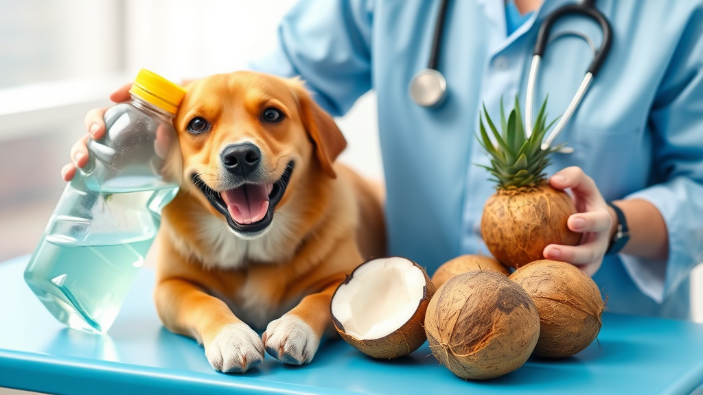 Veterinarian examining happy dog with coconut water bottle and fresh coconuts on examination table, no text no words no letters