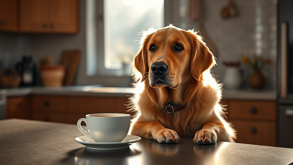 Golden retriever sitting next to coffee cup on kitchen counter, warm morning light, cozy home setting, no text no words no letters