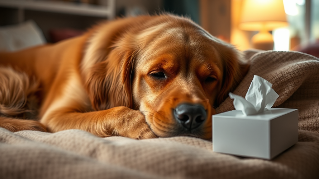 Sick golden retriever lying on soft blanket with tissue box nearby, cozy home setting, warm lighting, no text no words no letters