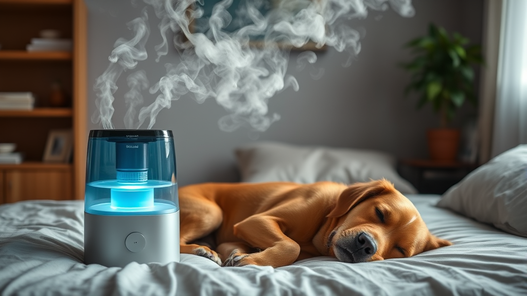 Humidifier creating steam in room with resting dog on bed, peaceful atmosphere, healing environment, no text no words no letters