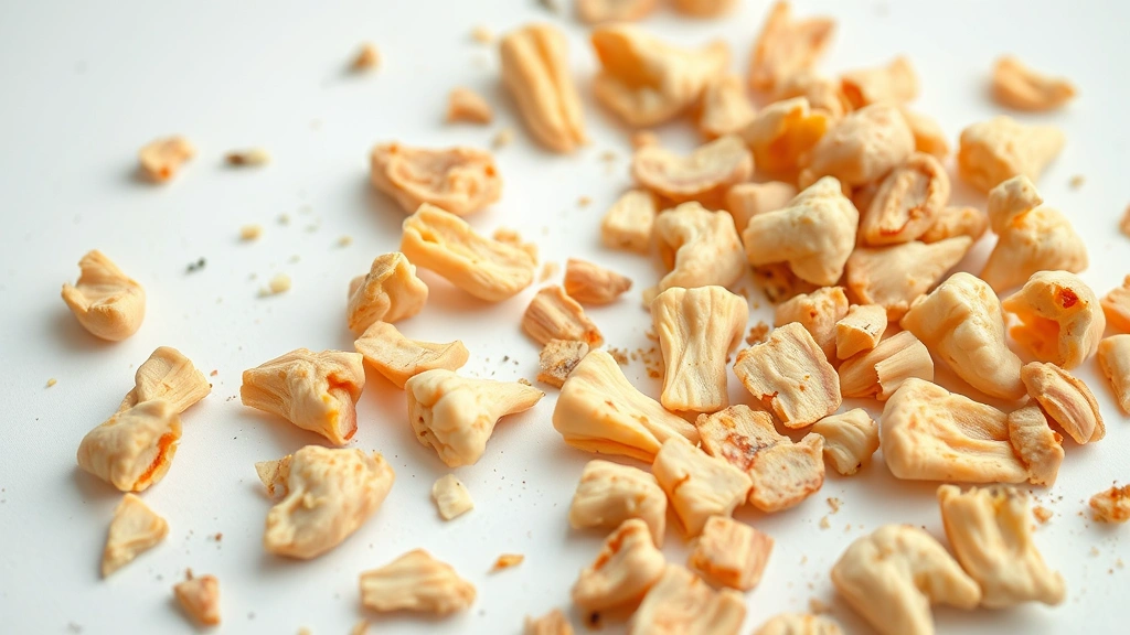 Close-up of splintered cooked chicken bone fragments scattered on white surface, sharp edges clearly visible, detailed photography style
