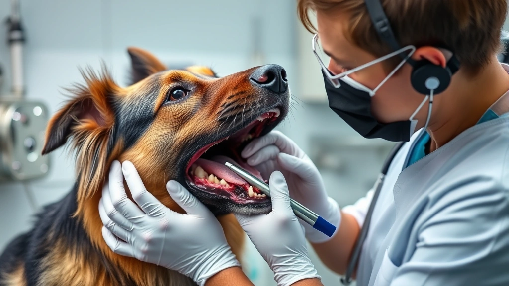 Veterinarian examining a German Shepherd's mouth and throat area, professional medical setting with stainless steel equipment