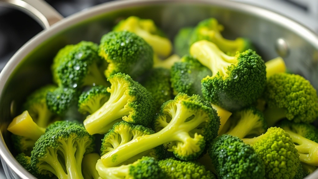Close-up of steamed broccoli florets in a stainless steel pot with water droplets, steam rising, clean modern kitchen background