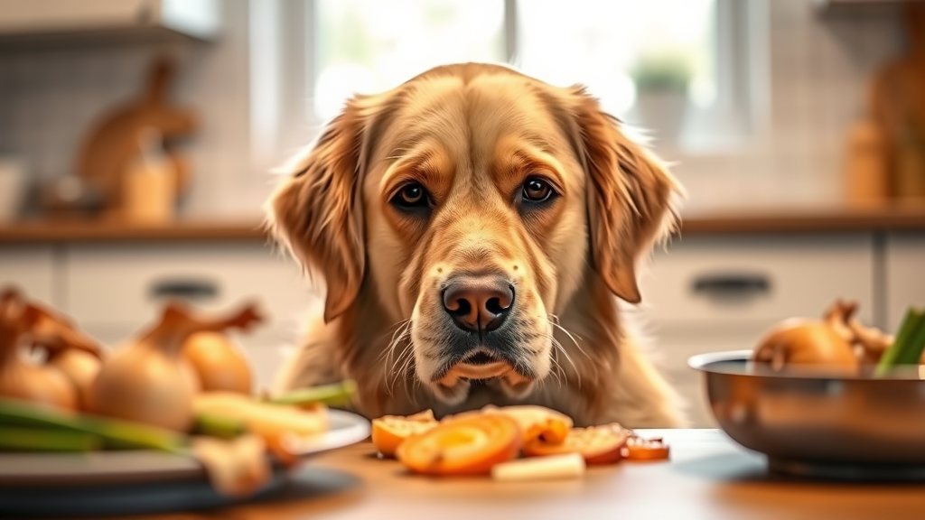 Golden retriever looking sadly at dinner table with cooked onions, kitchen background, warm lighting, no text no words no letters