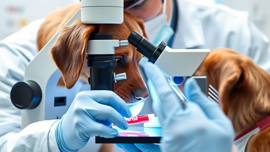 Veterinarian examining dog blood sample under microscope, medical laboratory setting, professional healthcare, no text no words no letters