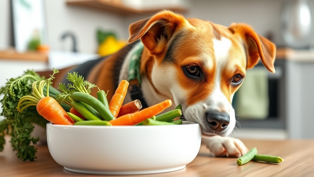 Healthy dog eating from bowl with safe vegetables like carrots and green beans, bright kitchen, no text no words no letters