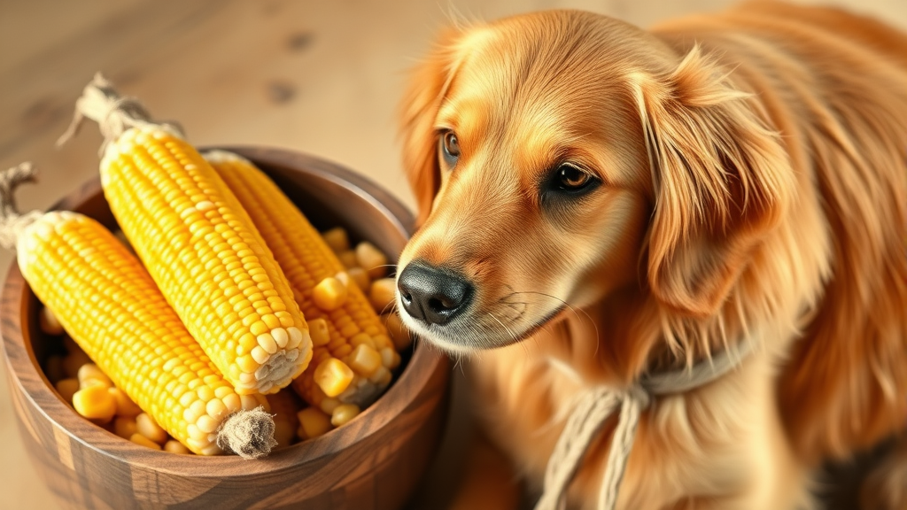 Golden retriever sitting beside fresh corn kernels in a wooden bowl, natural lighting, no text no words no letters