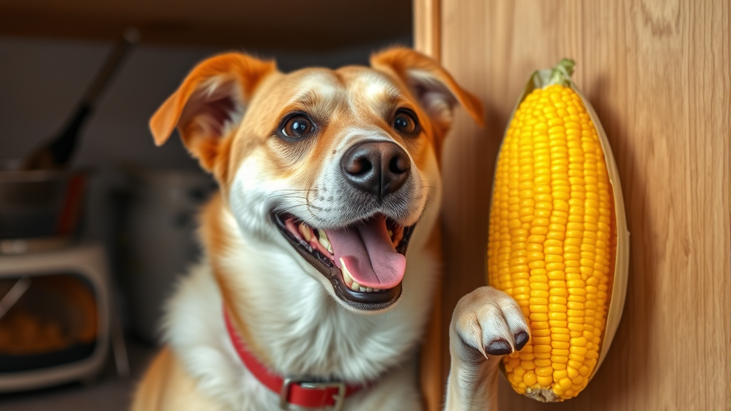 Happy dog with corn cob safely stored away from reach, kitchen safety scene, no text no words no letters
