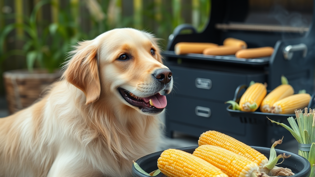Golden retriever sitting next to fresh corn cobs at summer barbecue, no text no words no letters