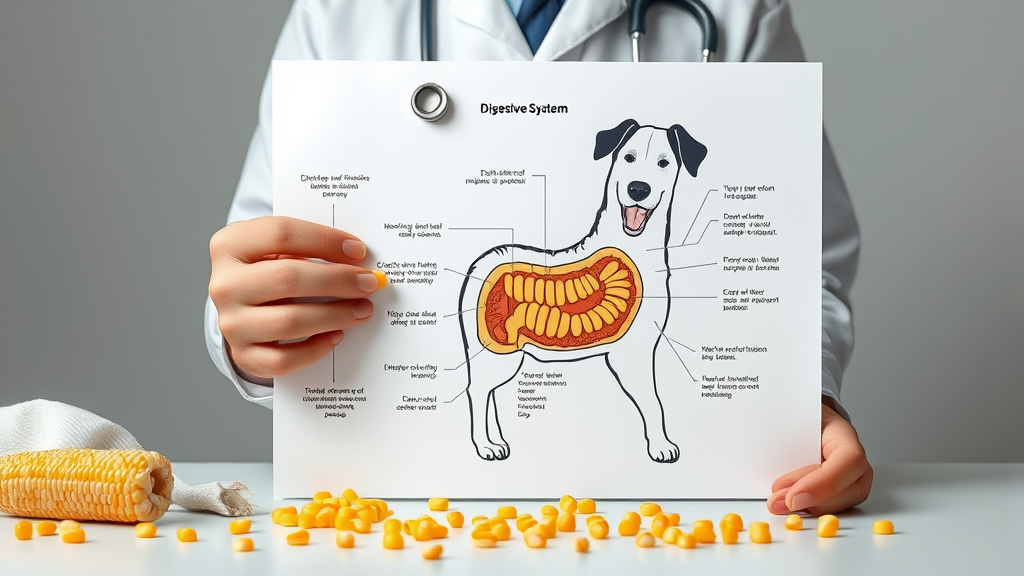 Veterinarian examining dog digestive system diagram with corn kernels scattered nearby, no text no words no letters