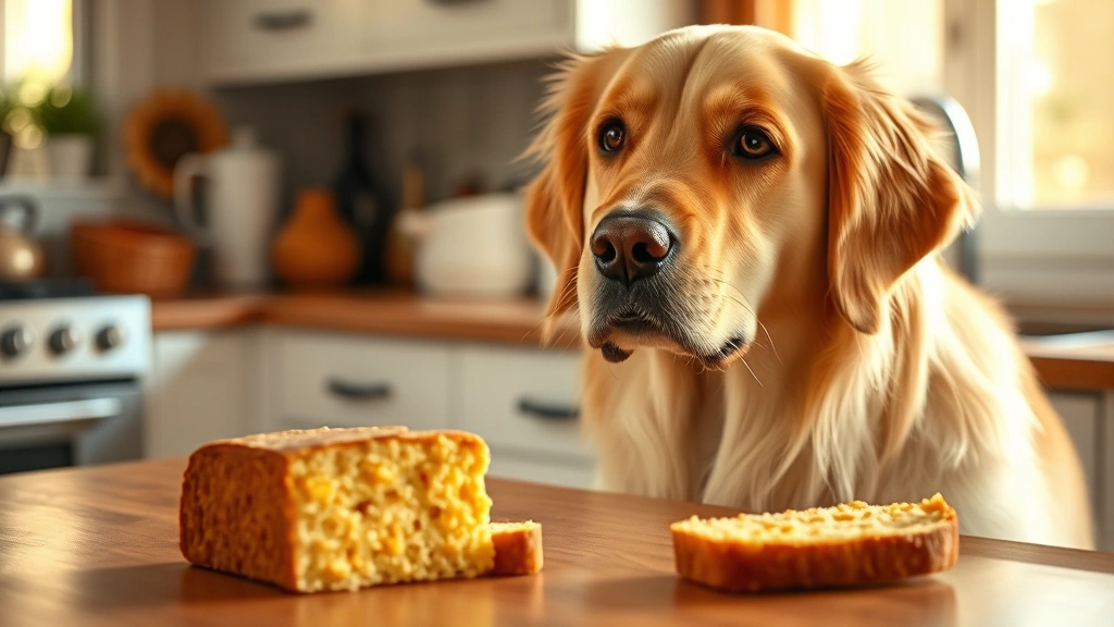Golden retriever looking at a slice of cornbread on a kitchen counter, curious expression, warm natural lighting, cozy kitchen background