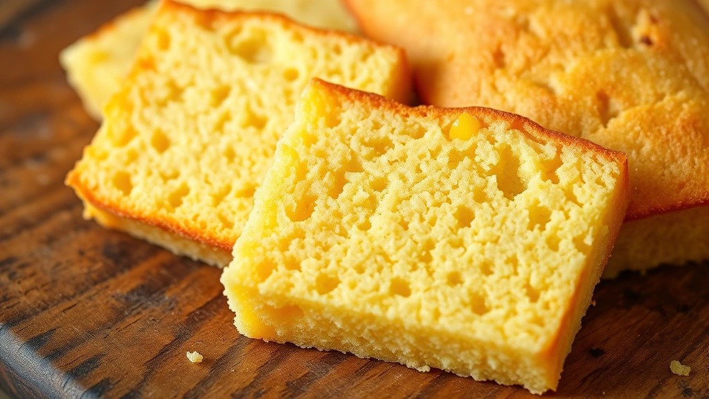 Close-up of fresh cornbread pieces on a rustic wooden surface, steam rising, golden-brown texture, homemade appearance, no text visible