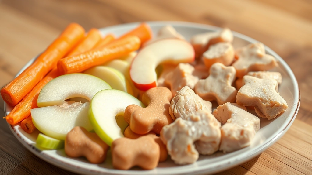 Healthy dog treats arranged on a plate including fresh carrots, apple slices, and plain cooked chicken pieces, bright natural lighting, appetizing presentation