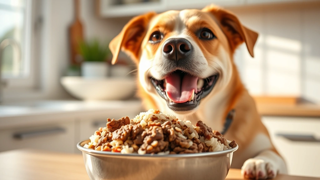 Happy healthy dog eating from a bowl of plain cooked ground beef and rice, bright natural kitchen window lighting, joyful expression