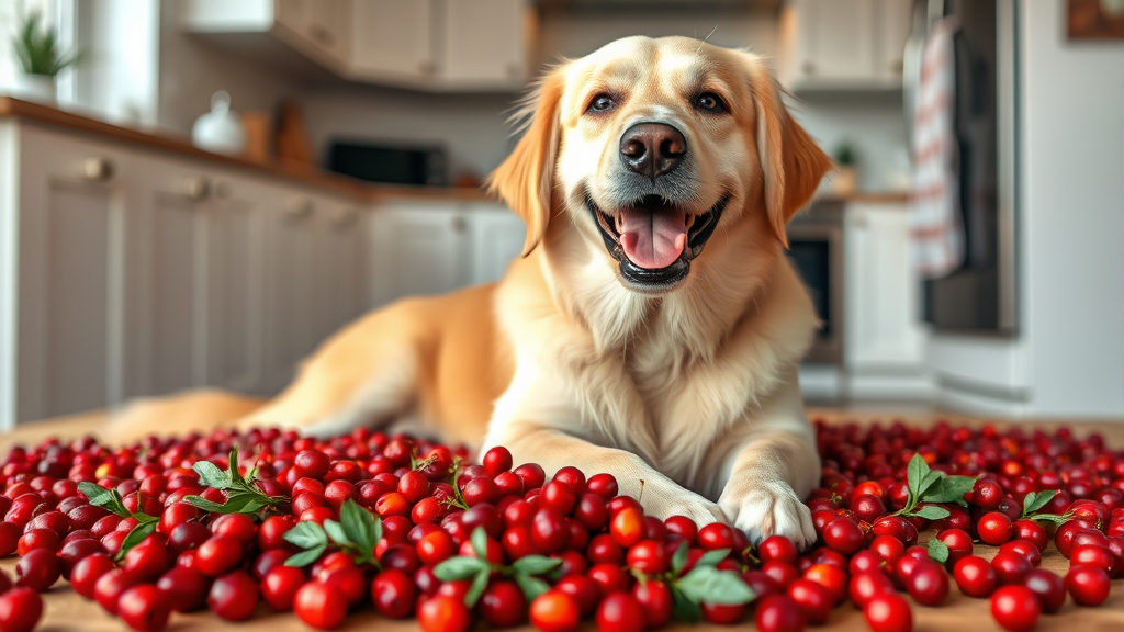 Fresh red cranberries scattered around happy golden retriever dog in kitchen setting no text no words no letters