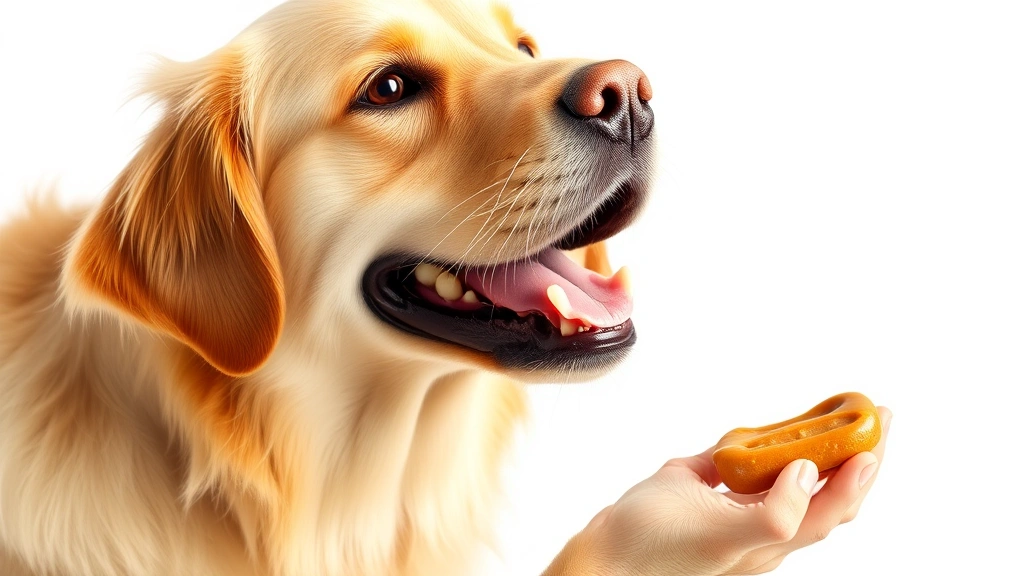 Golden Labrador enjoying peanut butter treat on white background, happy expression, soft natural lighting