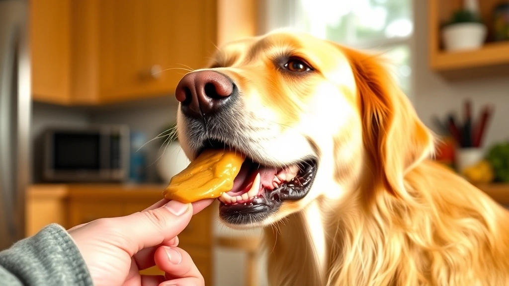 Golden Retriever happily licking peanut butter from owner's finger in bright kitchen setting