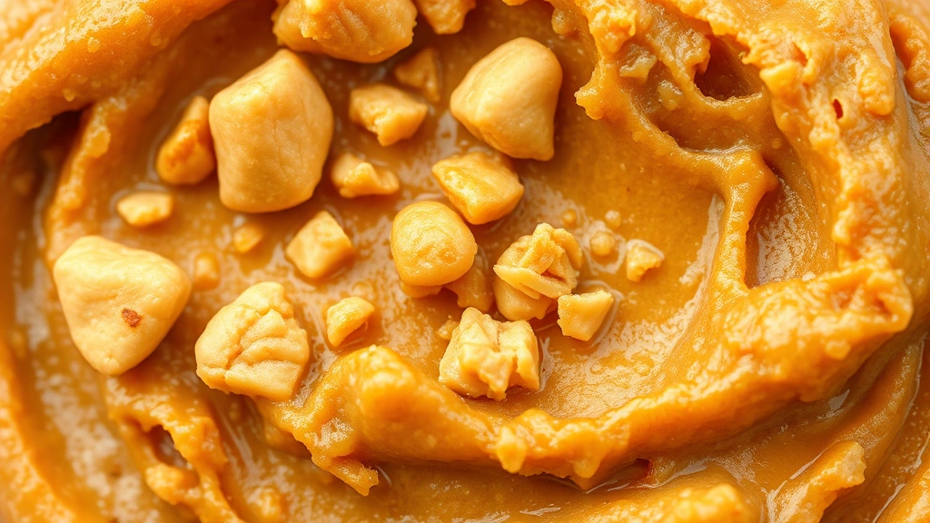 Close-up macro shot of crunchy peanut butter texture with peanut pieces visible, warm brown tones