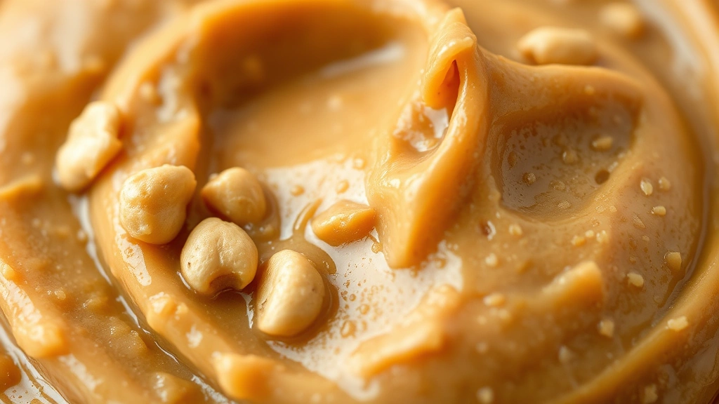 Close-up macro photo of crunchy peanut butter spread texture showing peanut pieces detail