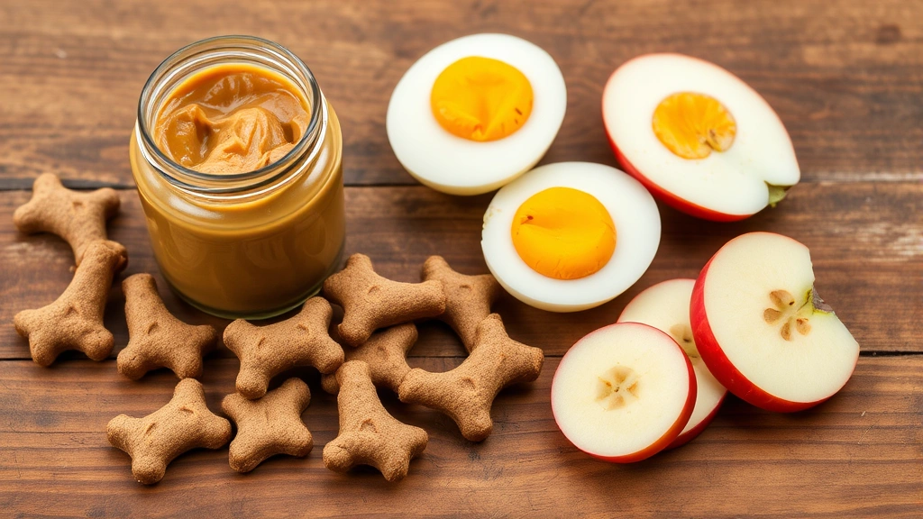 Dog treats arranged on wooden surface including peanut butter jar, scrambled eggs, and apple slices, natural daylight