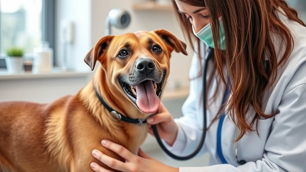 Veterinarian examining brown dog in modern animal clinic with stethoscope
