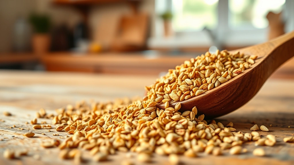 Close-up of golden-brown cumin seeds scattered on a wooden spoon against a warm, blurred kitchen background with natural lighting