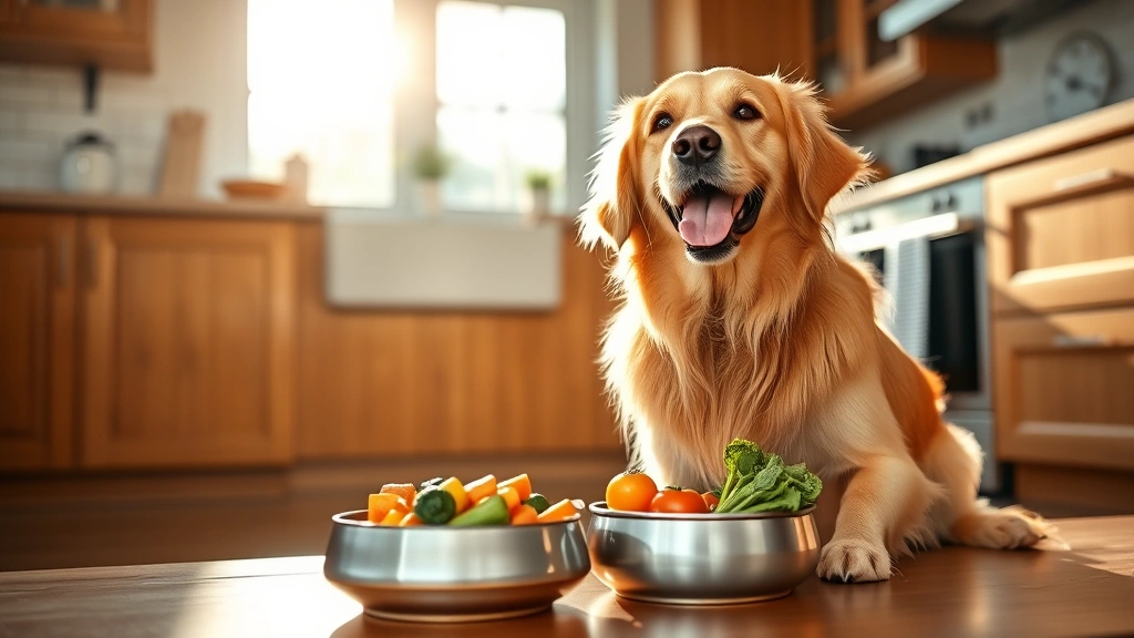 Happy golden retriever sitting attentively in a bright kitchen, looking at a bowl of fresh dog food with vegetables, morning sunlight streaming through windows