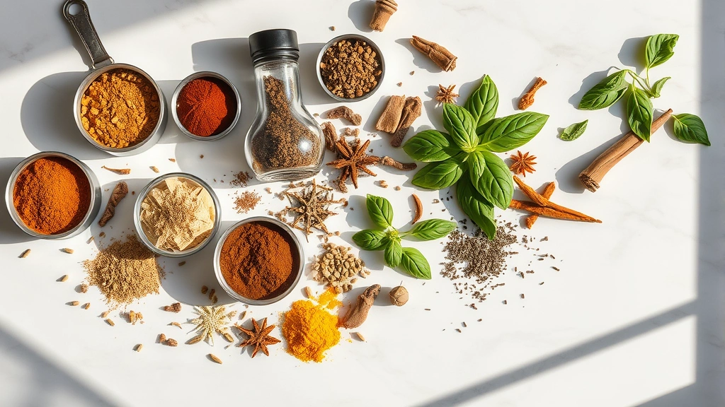 Overhead flat lay of various spice containers and dried herbs including cumin, basil, and turmeric arranged artfully on a light marble countertop with natural shadows