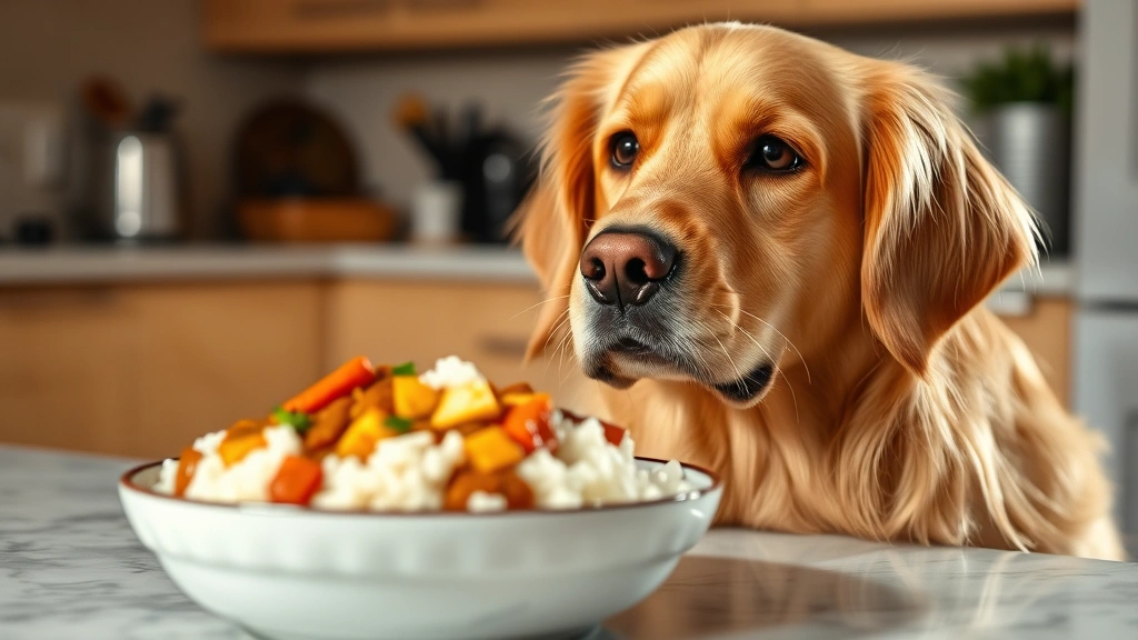 Golden retriever looking at a bowl of colorful curry with rice, curious expression, kitchen setting with warm lighting