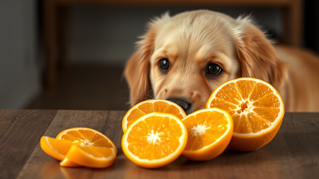 Cute golden retriever looking curiously at fresh mandarin orange segments on wooden table, no text no words no letters