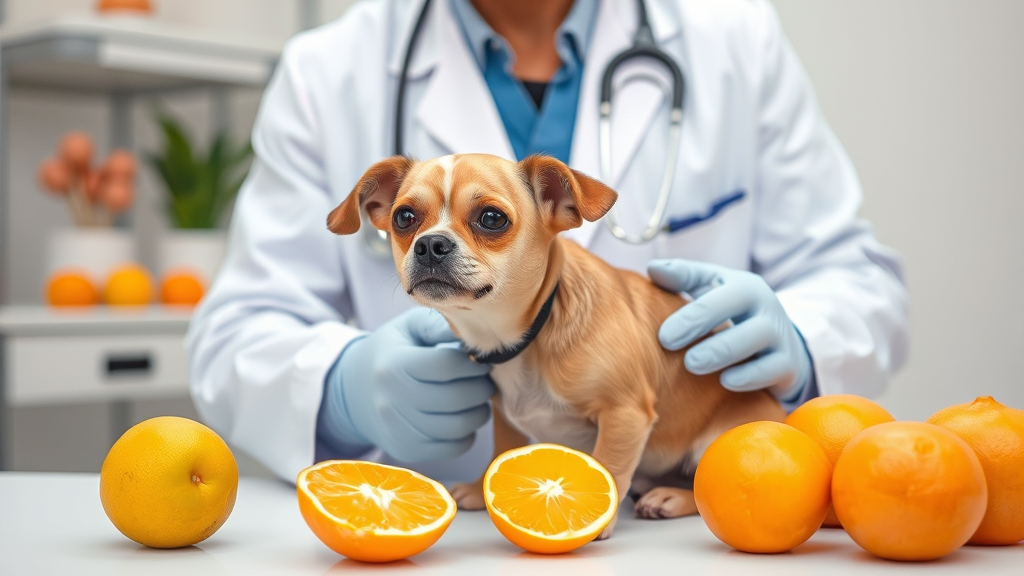 Veterinarian examining small dog while citrus fruits sit on examination table, professional medical setting, no text no words no letters