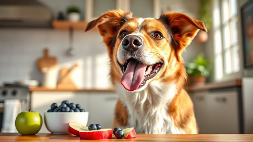Happy dog enjoying safe fruit treats like apple slices and blueberries in sunny kitchen, no text no words no letters