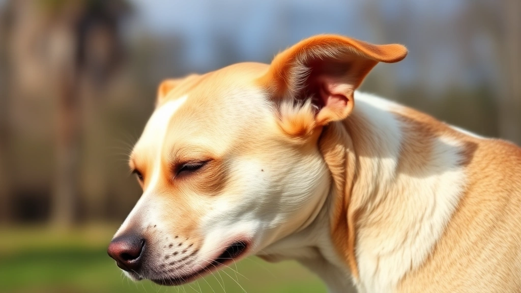 Dog scratching behind ear with visible discomfort, showing signs of skin irritation and itchiness in natural outdoor setting