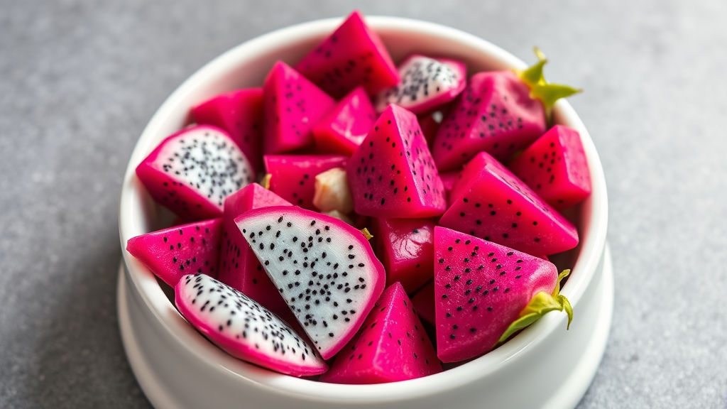 Fresh dragon fruit pieces in dog bowl with measuring cup showing portion sizes, no text no words no letters