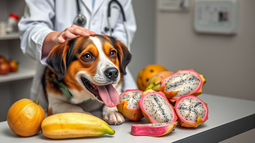 Veterinarian examining friendly dog with various safe fruits including dragon fruit on examination table, no text no words no letters