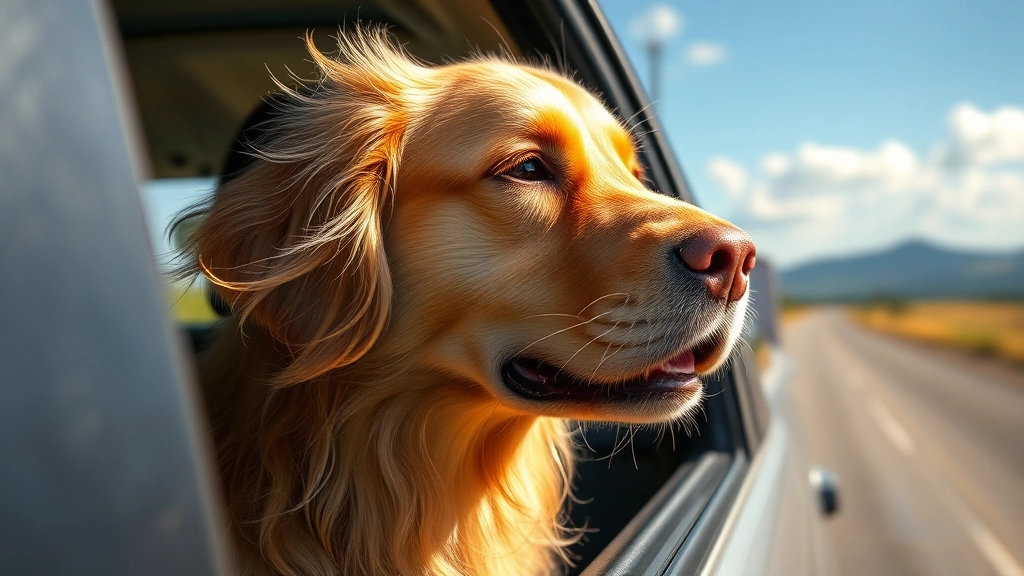 Golden Retriever looking out of car window with wind in fur, peaceful expression during daytime drive on sunny road