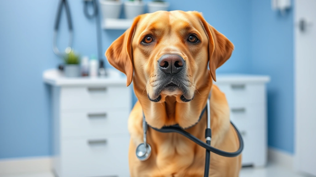 Labrador Retriever sitting in veterinary examination room with stethoscope nearby, calm and attentive expression