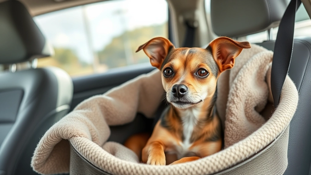 Small terrier mix in comfortable car seat carrier with blanket, relaxed posture during vehicle travel with natural lighting