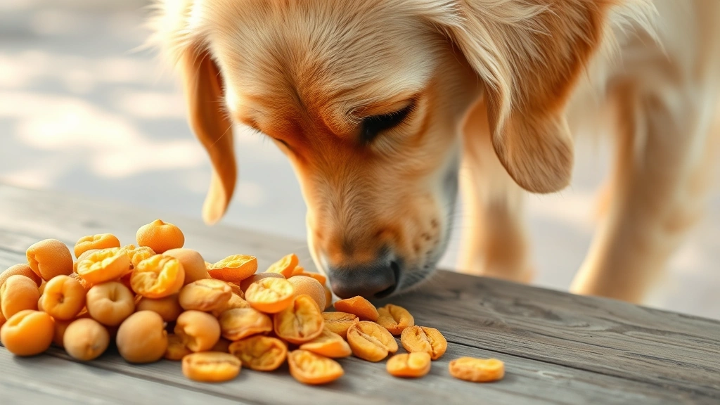 Golden retriever sniffing at a pile of dried apricots on a wooden surface, curious expression, natural outdoor lighting
