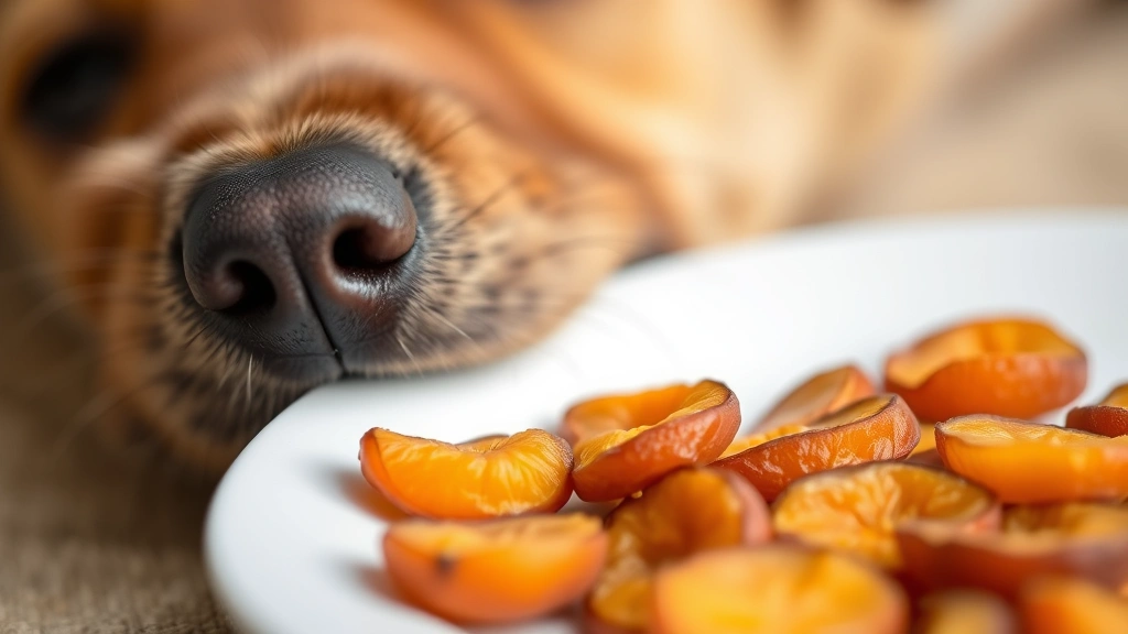 Close-up of dried apricots scattered on a white plate next to a small brown dog's nose, shallow depth of field