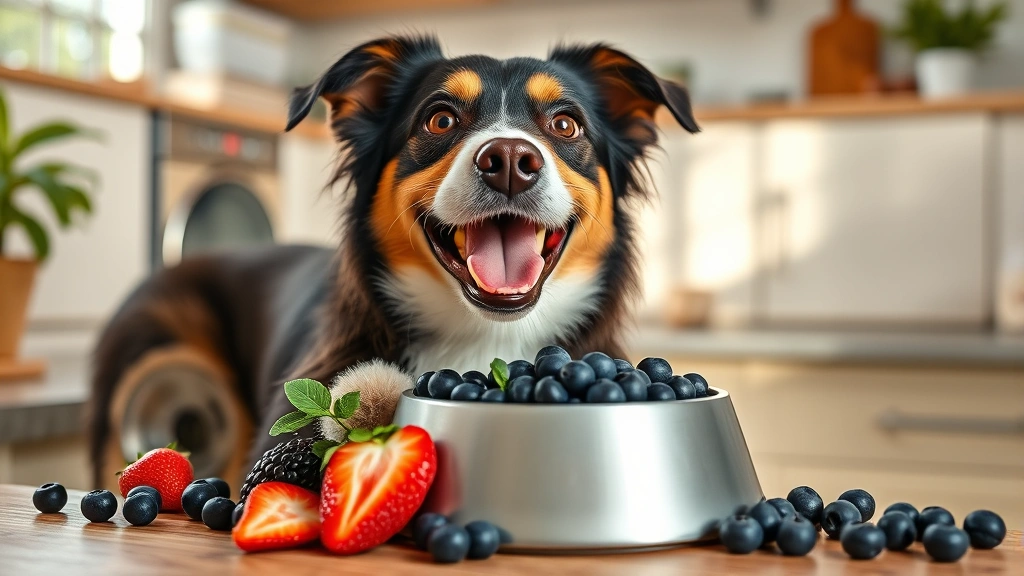 Happy dog with blueberries and fresh fruit alternatives arranged on a pet bowl, sunny kitchen background
